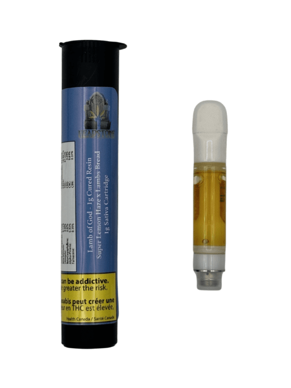 Headstone Cannabis Lamb of God Cured Resin Vape 1g Sativa showing the premium hardware and golden craft extract quality.