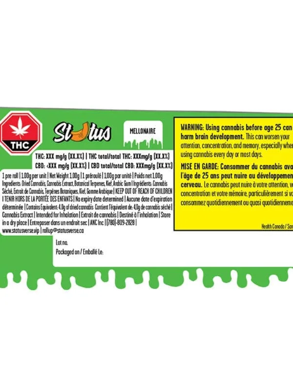 Mellonaire Infused Liquid Diamond Kief Coated Blunt 1g single by Status, featuring glass filter tip, available for local delivery from Montrose Cannabis Ontario.