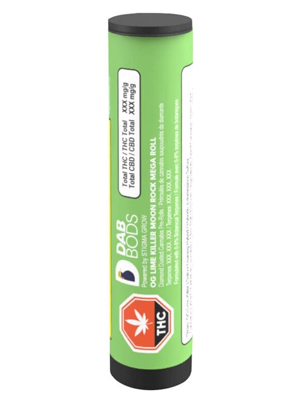 OG Lime Killer Moon Rock Mega Infused Pre-Roll 1.5g by Dab Bods, coated in kief and diamonds, available for delivery from Montrose Cannabis Ontario.