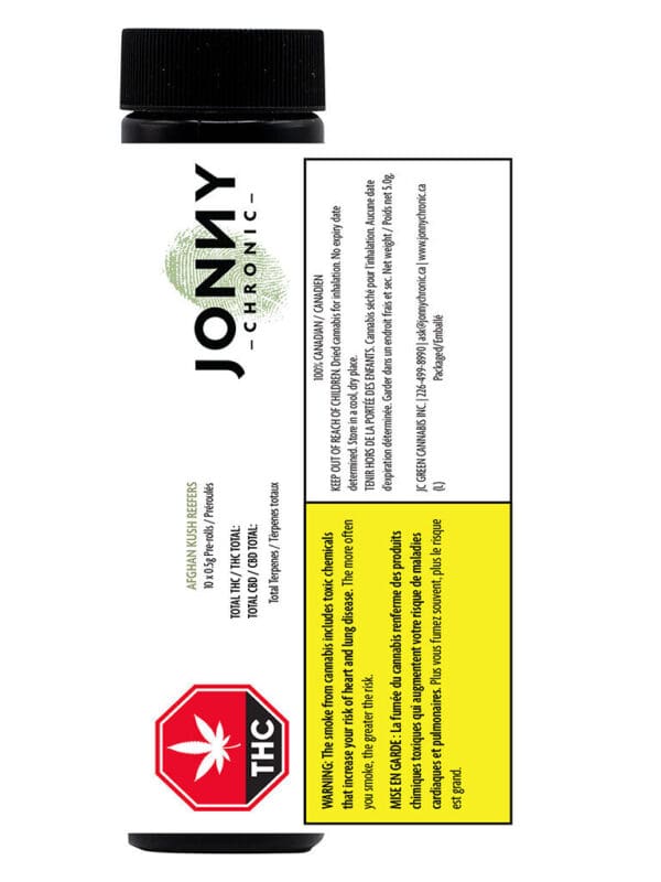 Afghan Kush Reefers Pre-Rolls 10 Pack by Jonny Chronic. Premium 10x0.5g indica joints featuring landrace earthiness & whole flower at Montrose Cannabis.