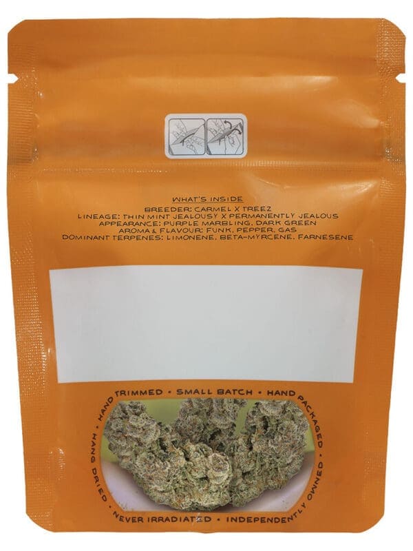Envy 3.5g premium craft indica cannabis flower by Carmel, available for local delivery from Montrose Cannabis.