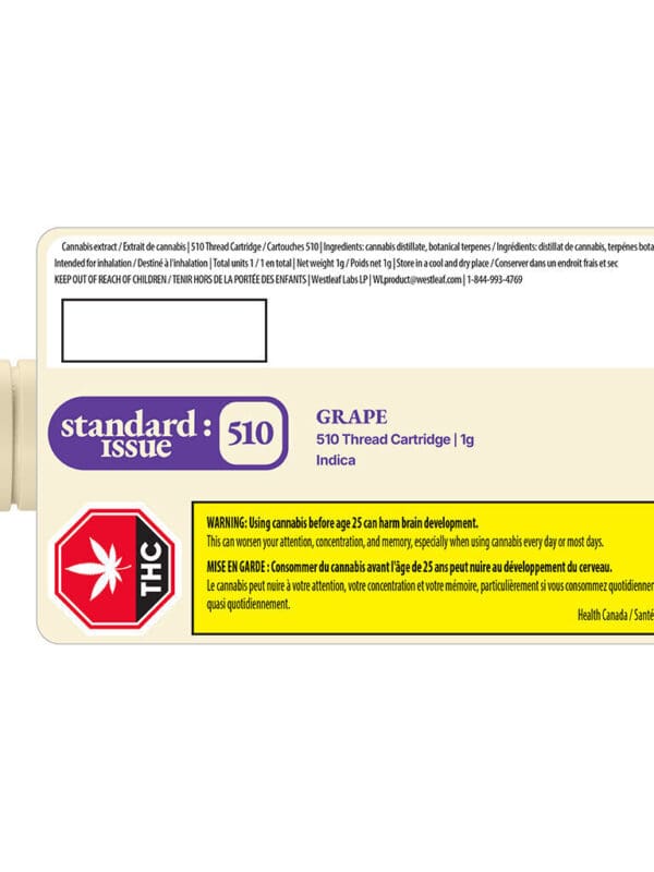 Grape 510 by Standard Issue. Premium Flavoured Vapes featuring a bold sour grape taste, 88-94% THC, and reliable 510 hardware at Montrose Cannabis.