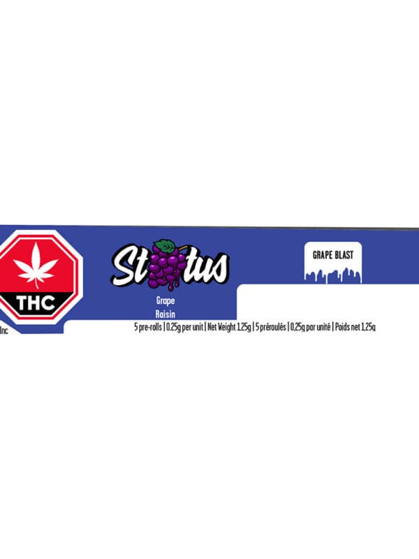 Status Grape Blast Pre-Rolls Infused Liquid Diamond Kief Coated 5 Pack package showing five sparkling pre-rolls.