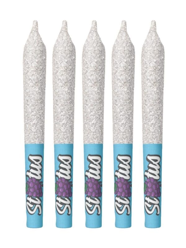 Status Grape Blast Pre-Rolls Infused Liquid Diamond Kief Coated 5 Pack package showing five sparkling pre-rolls.