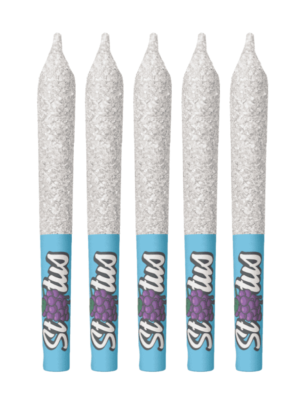 Status Grape Blast Pre-Rolls Infused Liquid Diamond Kief Coated 5 Pack package showing five sparkling pre-rolls.