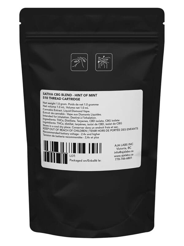 Hint of Mint CBG Blend 510 by Discreet. Premium sativa vapes featuring mint flavor, 77-83% THC, liquid diamonds, and CBG isolate at Montrose Cannabis.