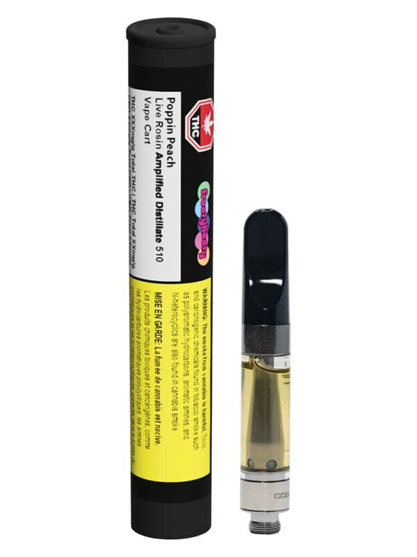 Frootyhooty Poppin' Peach Live Rosin & Distillate 510 1g Cartridge showcasing its clear oil chamber and premium mouthpiece.