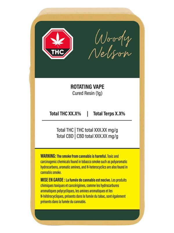 Woody Nelson Cured Resin Vape 510 full ceramic cartridge next to its open tan product packaging case.