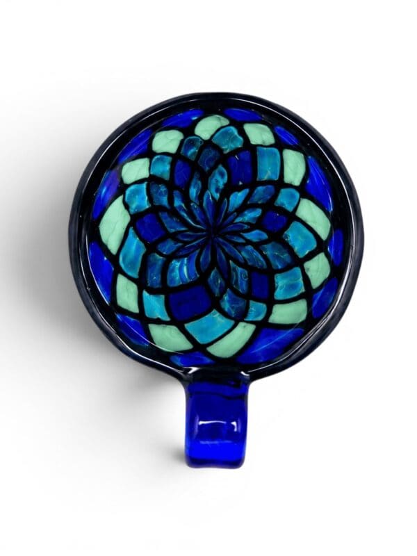 Cobalt Mandala Glass Pendant handcrafted glass pendant with blue, teal, mint, and violet mandala-inspired design.