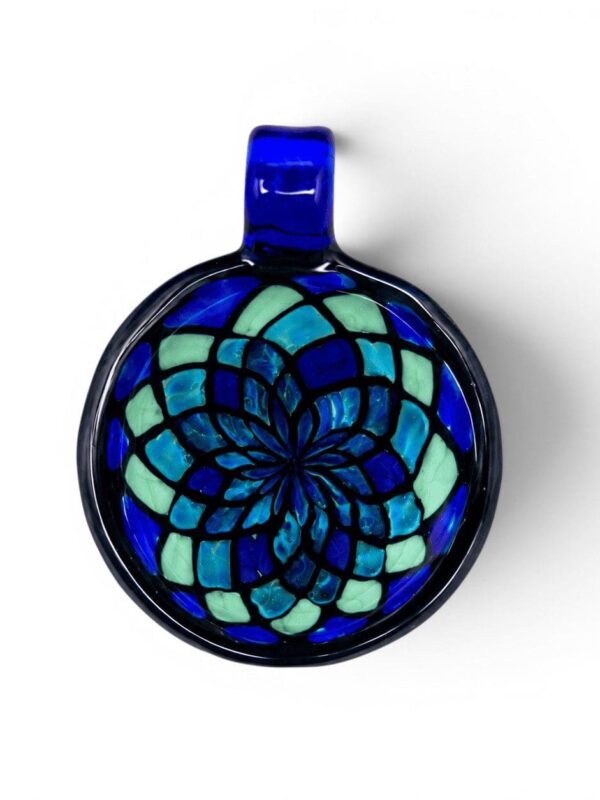 Cobalt Mandala Glass Pendant handcrafted glass pendant with blue, teal, mint, and violet mandala-inspired design.
