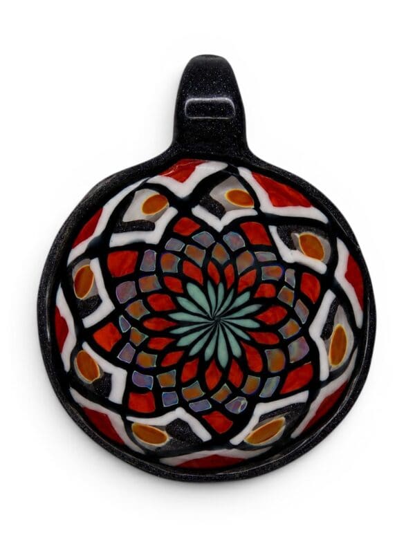 Black Opal Mandala Glass Pendant with red, white, amber, teal, and iridescent mandala-style colourwork.