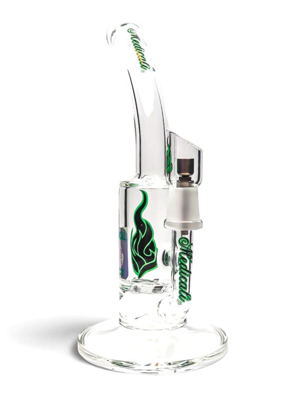Medicali Honeycomb Dish Dab Rig with clear glass chamber, curved mouthpiece, green flame logo, and dish attachment.