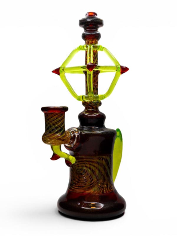 Huffy x Griffin Banger Hanger dab rig with amber worked glass, neon yellow accents, and red details.