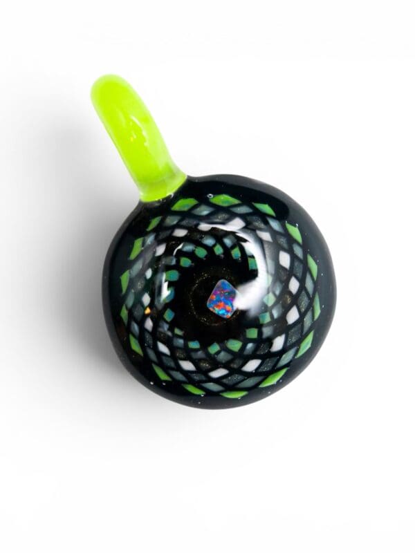 Slyme Mandala Glass Pendant with neon green loop, black glass body, mandala pattern, and central opal accent.