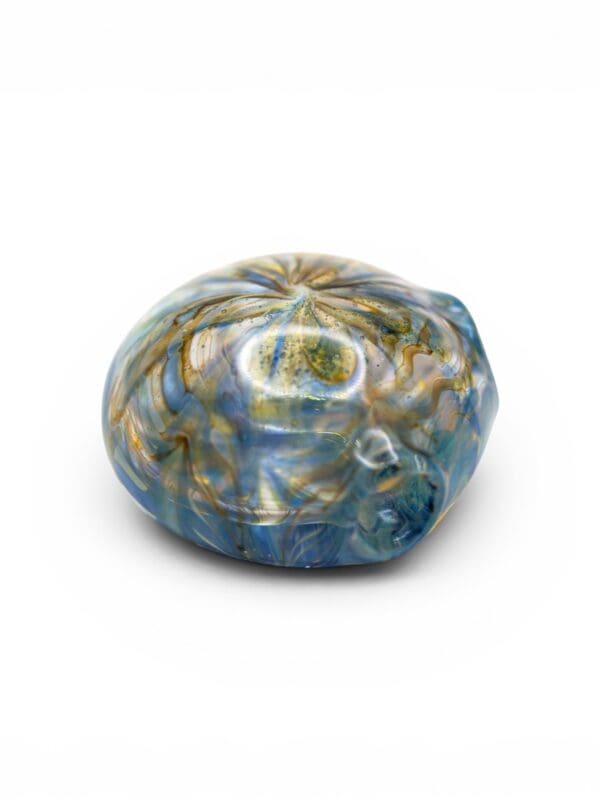 Side view of the Aqua Bloom Hollow Pendant showing rounded hollow glass form with blue and gold colourwork.