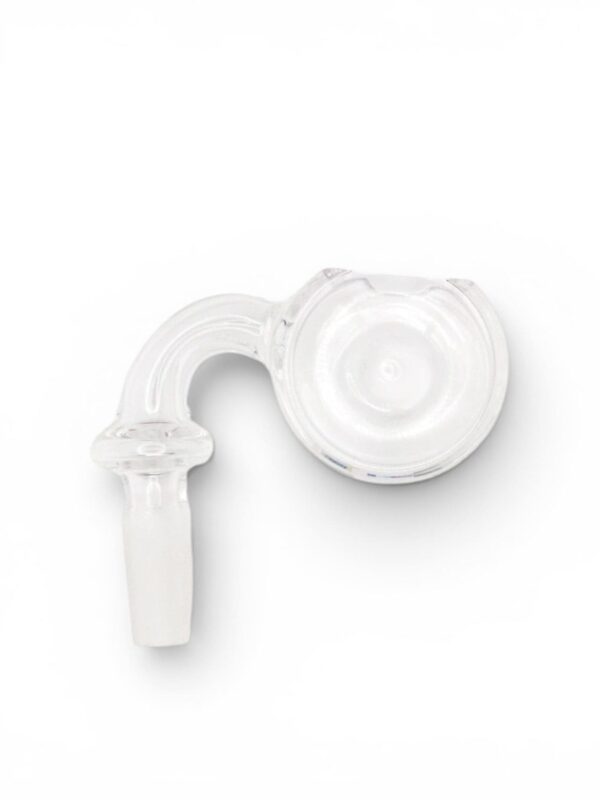 Quartz Trough Banger with clear quartz body, curved neck, frosted joint, and round trough-style dish.