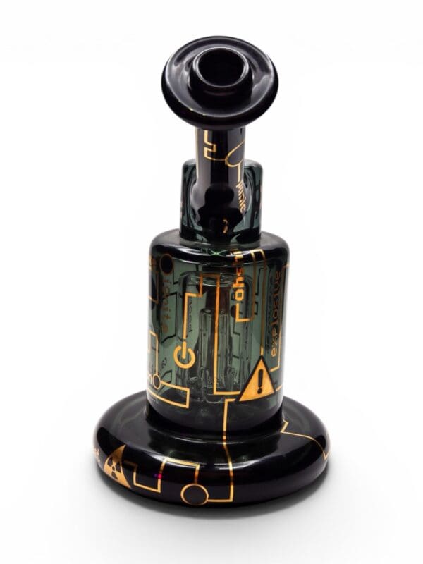 JAG x Pyrology Collab Riglet Front View | handcrafted borosilicate glass dab rig with gold industrial graphics