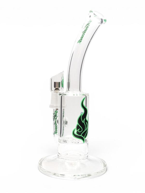 Rear view of Medicali Honeycomb Dish Dab Rig with clear glass body, curved neck, green logo, and concentrate attachment.