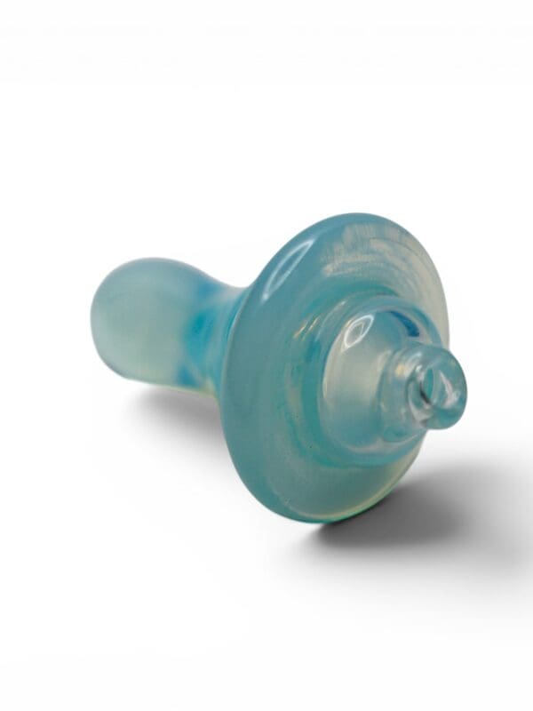 Aqua Bubble Carb Cap with translucent blue glass body, wide circular cap, rounded handle, and airflow opening.