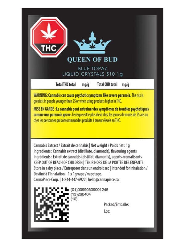 Blue Topaz Liquid Crystals 510 Cart – Queen of Bud Indica 1g | Montrose Cannabis