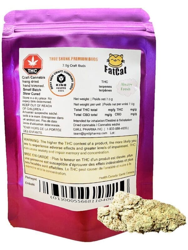 FatCat True Skunk 7g dried flower package displaying dense sativa buds with vibrant orange trichomes.