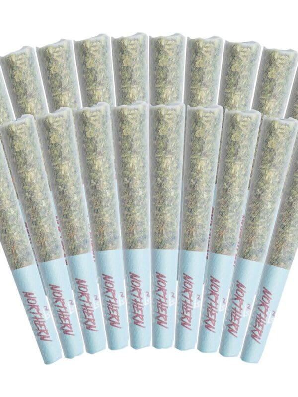Northern Canna The Collective 20 Pack Pre-Rolls showing 20 half-gram joints with color-coded filter tips in a bulk pack.