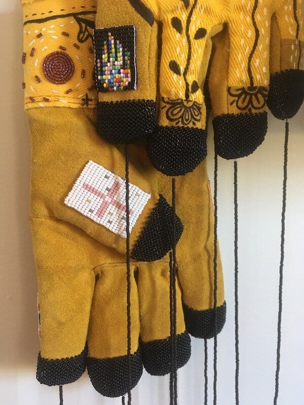"rooting gloves' detail shot - seed beads, acrylic paint, leather.