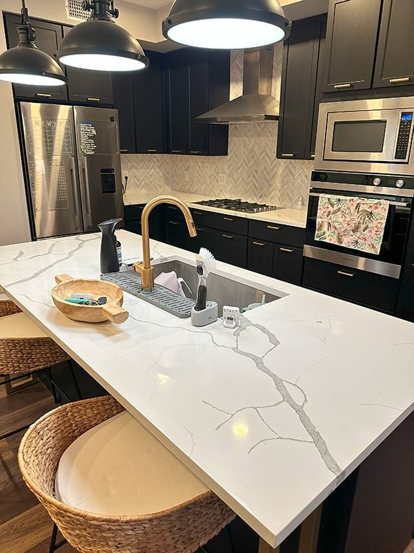 Modern kitchen with sleek black cabinetry, marble island countertop, stainless steel appliances, and stylish pendant lighting, perfect for contemporary home living.