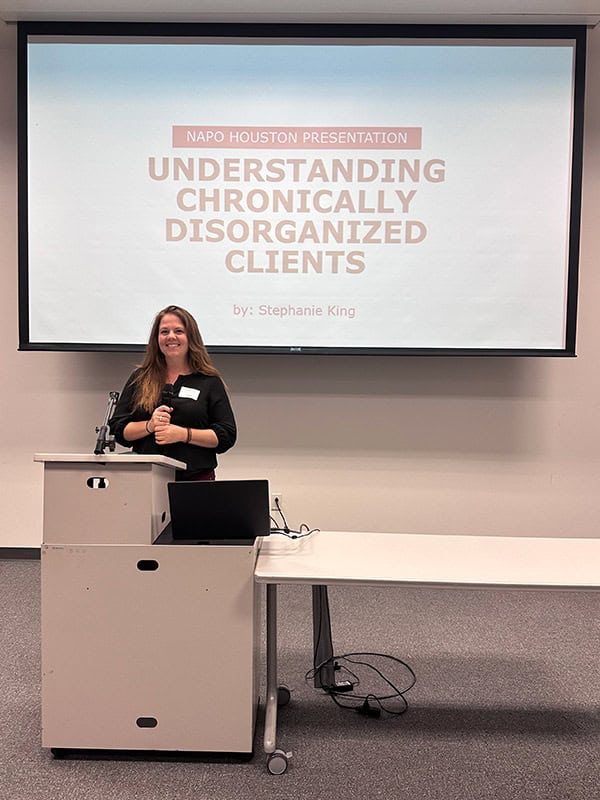 Insightful presentation on understanding chronically disorganized clients by Stephanie King at NAPO Houston, emphasizing strategies for organizing and coaching individuals with chronic disorganization. Perfect for professional organizers.