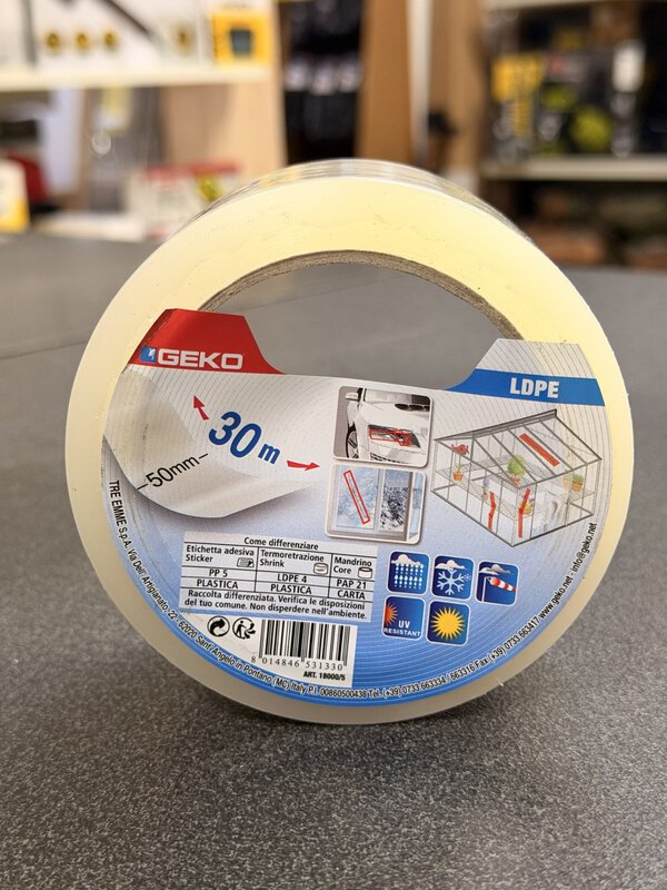 Nastro Adesivo per Serre 50 mm x 30 m GEKO in LDPE – Ripara Telo e Telone Serra Resistente