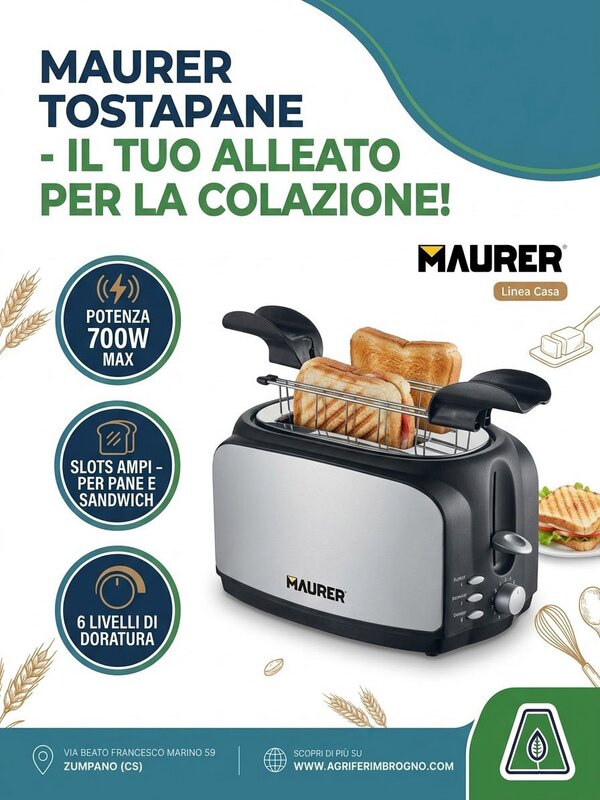 Tostapane Elettrico Maurer Linea Casa 700W con Pinze e 6 Livelli di Doratura