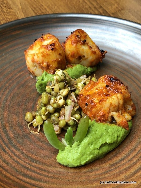 Riwaz Beaconsfield Tandoor Seared Scottish Scallop, Lentil Salad, Spiced Broccoli Puree
