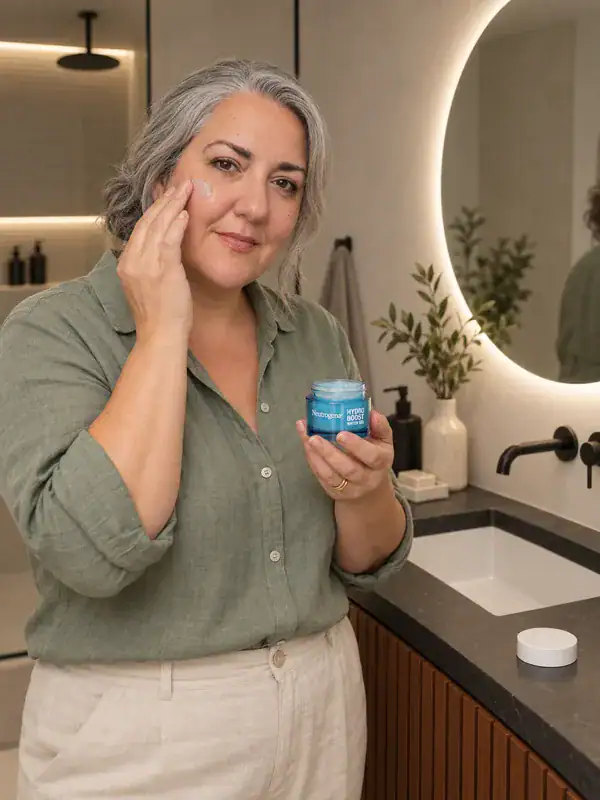 Mujer aplicándose crema hidratante frente al espejo del baño