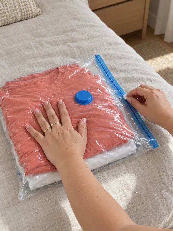 Manos cerrando una bolsa de vacío con ropa doblada sobre la cama