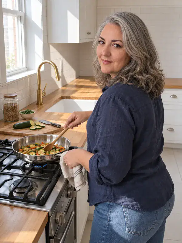 Mujer salteando verduras en una sartén en su cocina