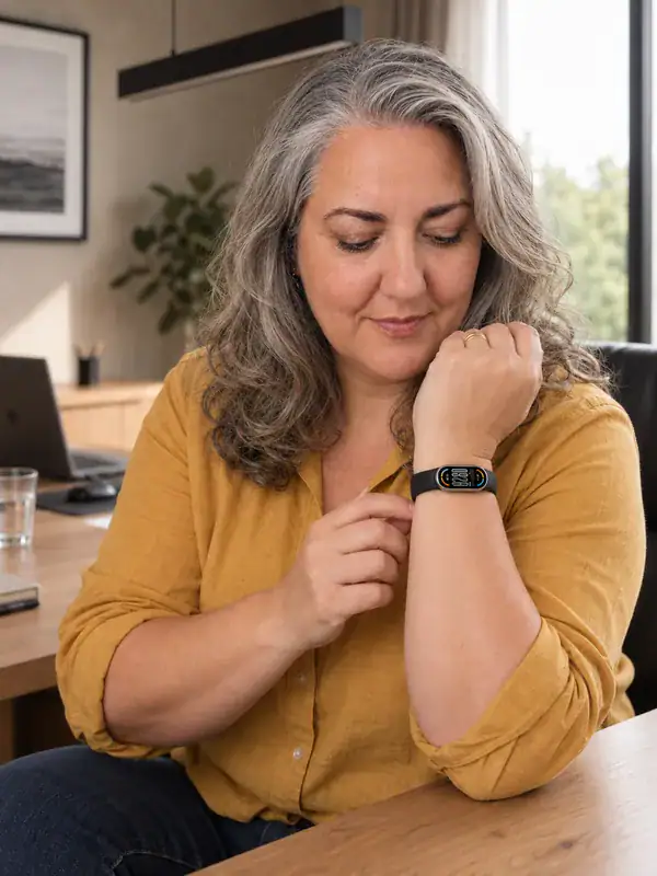 Mujer mirando la pulsera de actividad que lleva en la muñeca