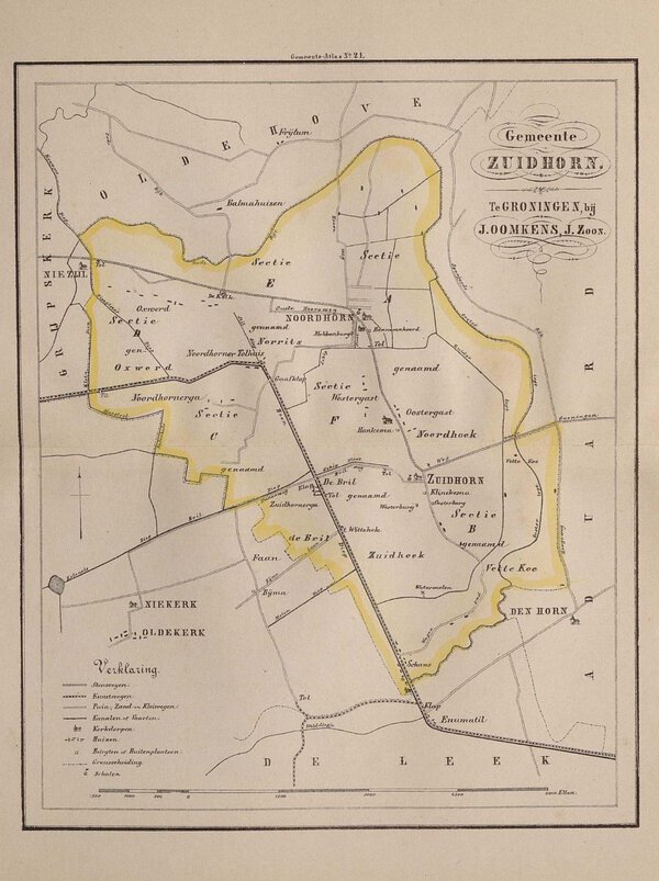 Museumkwaliteit reproductie van de oude kaart Zuidhorn 1862 met Noordhorn, Enumatil en Briltil, uit de atlas van Fehse.