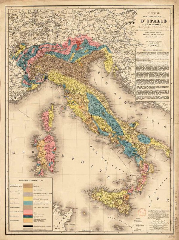 Museumkwaliteit reproductie van de oude kaart Italië 1844, de Esquisse d'une carte géologique d'Italie.