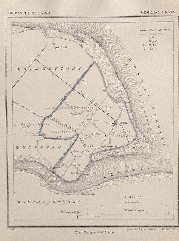 Museumkwaliteit reproductie van de oude kaart Kats 1866 van Jacob Kuyper, het dorp op Noord-Beveland.