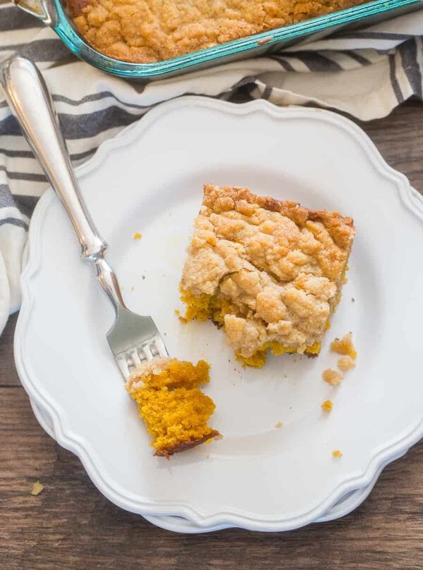 Piece of Pumpkin Coffee Cake with Fork with Bite