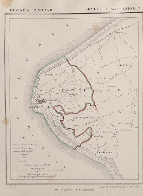 Museumkwaliteit reproductie van de oude kaart Westkapelle 1865, de gemeente op de westpunt van Walcheren, door Jacob Kuyper.