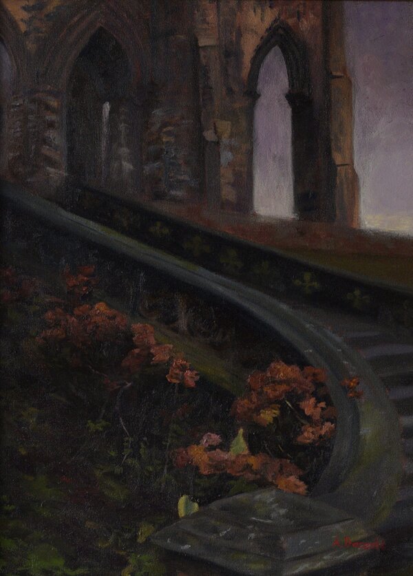 The Scott Monument Edinburgh original oil painting by Andrea Bocedi showing Gothic arches and curved stone stair rail