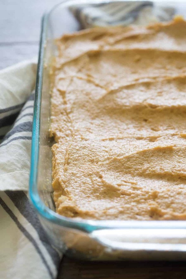 Pumpkin Coffee Cake Batter in Glass Dish