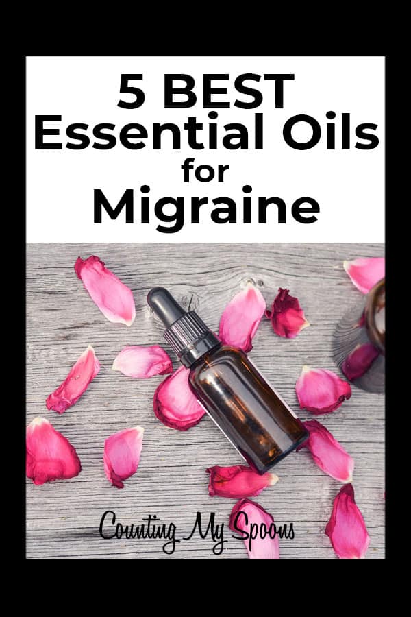 5 Best Essential Oils for Migraine (image of essential oils bottles on rose petals) - Counting My Spoons