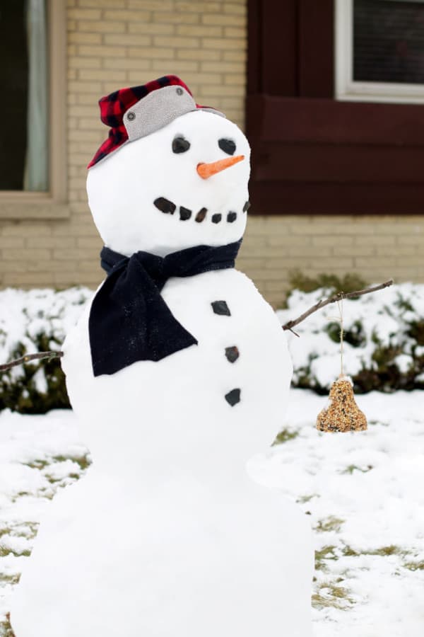 a snowman bird feeder seating outdoors with a scarf, carrot as a nose and hat