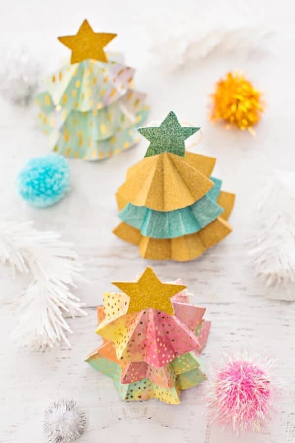 tree ornaments made from printable template in pale colors with star and confetti details