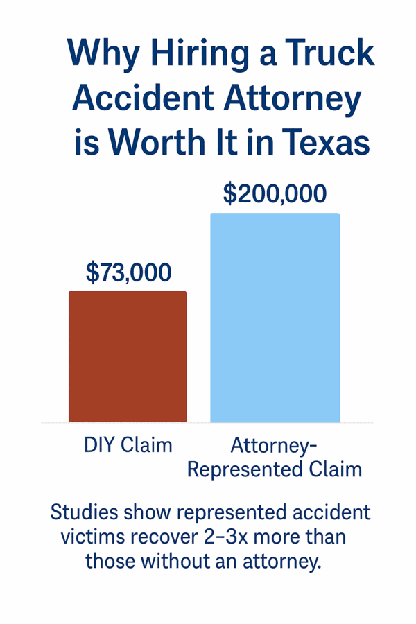 Comparison chart showing average truck accident settlements with and without an attorney, demonstrating that represented victims recover more compensation.