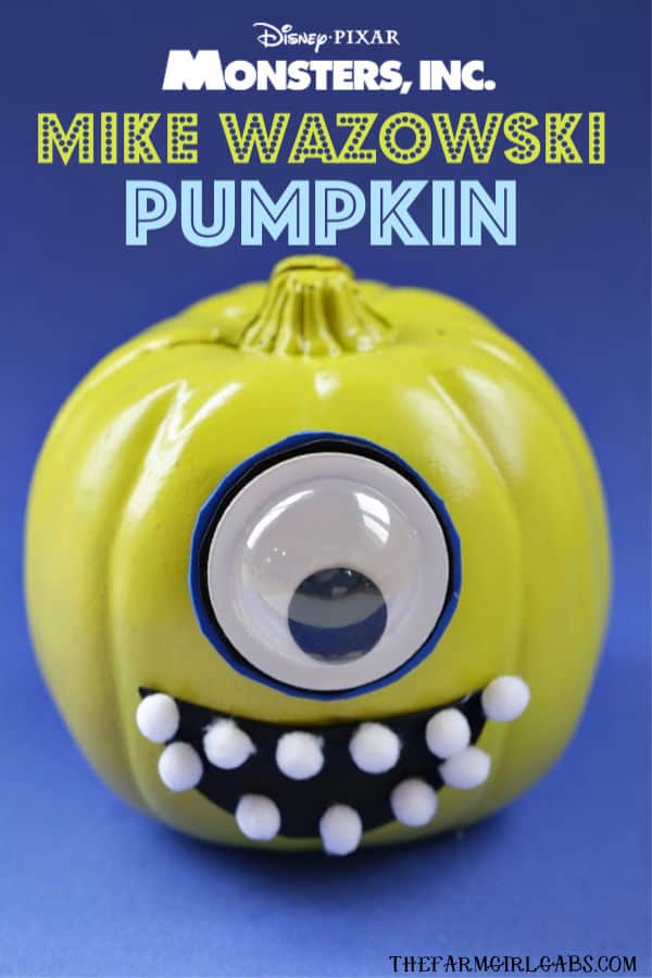 Add a little scare to your Halloween with this easy DIY No-Carve Mike Wazowski Pumpkin. This craft is perfect for a very Disney Halloween. #DisneyCraft #Pixar #MonstersInc #WaltDisneyWorld #DisneyCraft #Pumpkin #HalloweenDecor