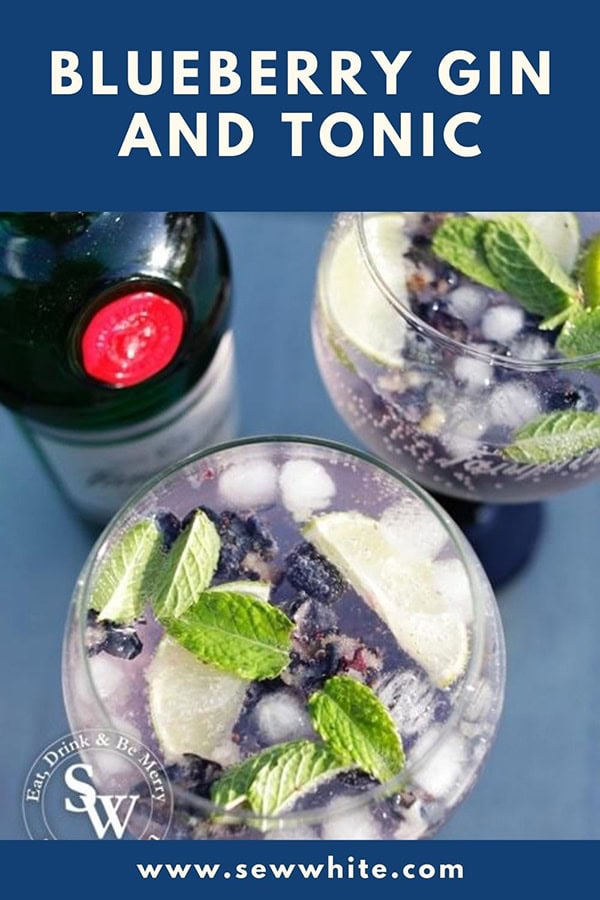 blueberry gin and tonic pinterest pin top view of the cocktail with mint leaves and lime