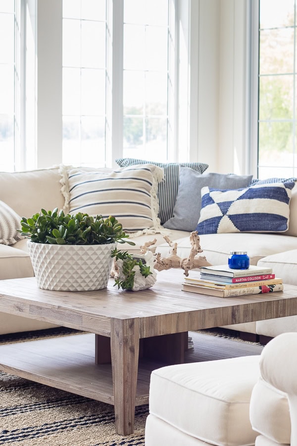 Lake House Blue and White Living Room Decor